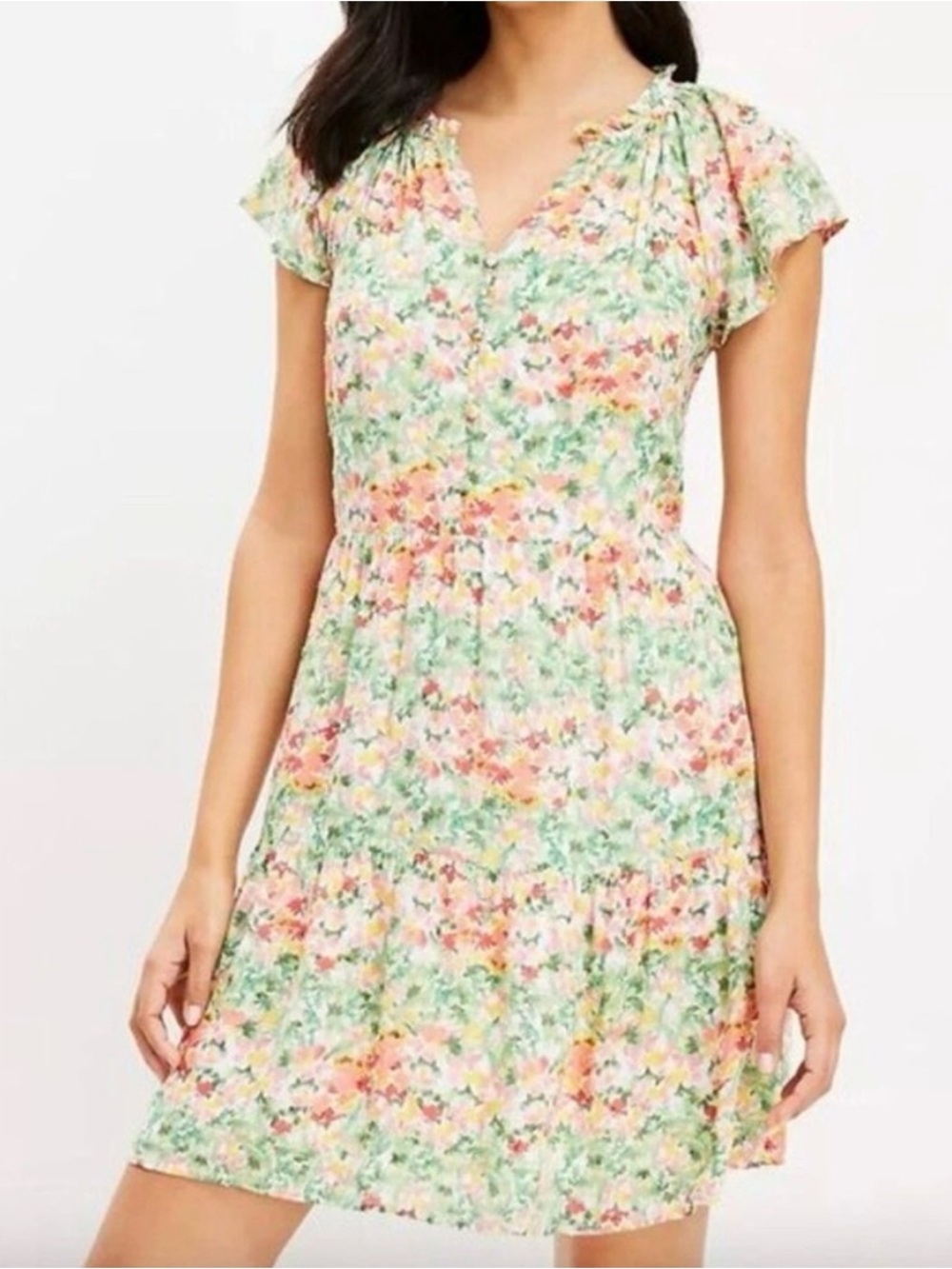 LOFT Pastel Floral V-Neck Mini Dress in Green and Pink